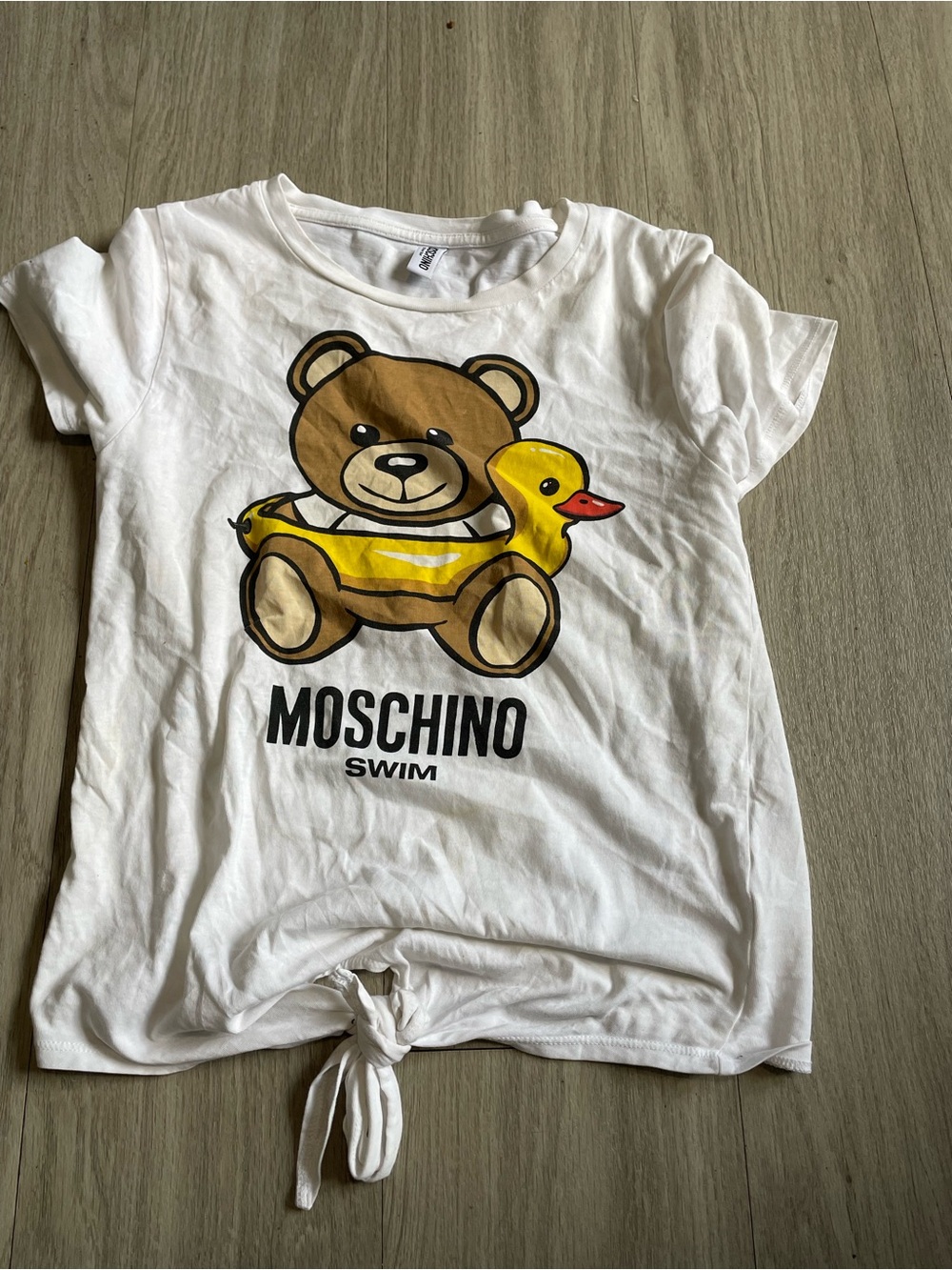Moschino White Tee with Brown Bear and Yellow Duck Float Graphic